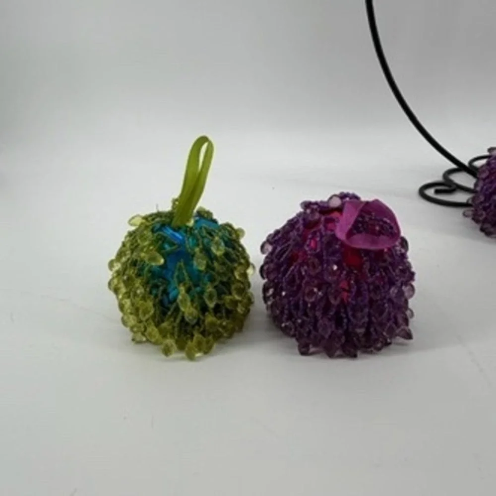 Pier 1 Beaded Bauble Ornaments Set of 6‎ Purple Blue Green Festive Decor